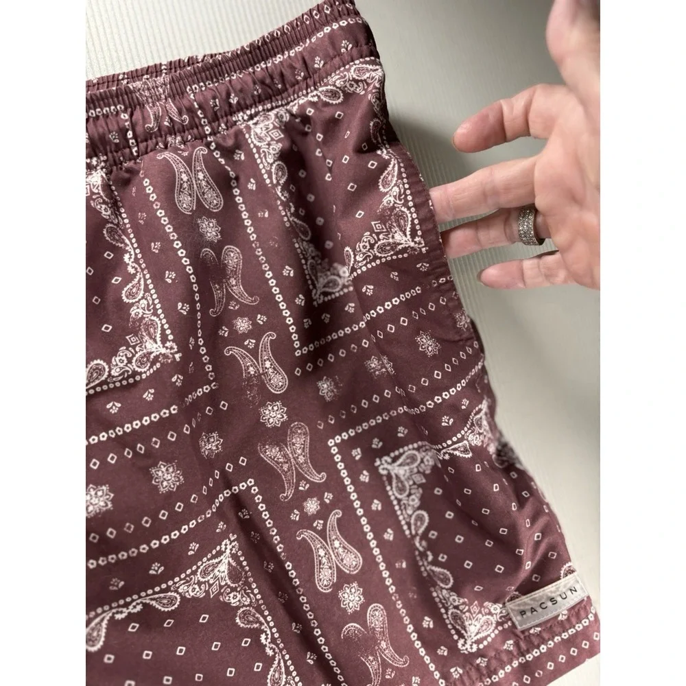 Men's Bandana Handkerchief Brown Print Pacsun Swim Shorts XL Lined 4.5 In Inseam